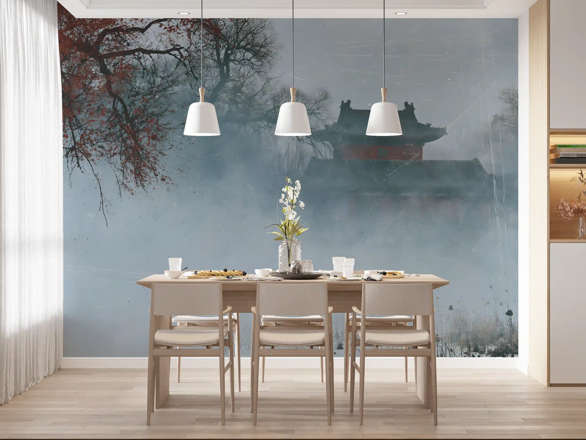 Crimson Pagoda in Winter Fog Wall Mural