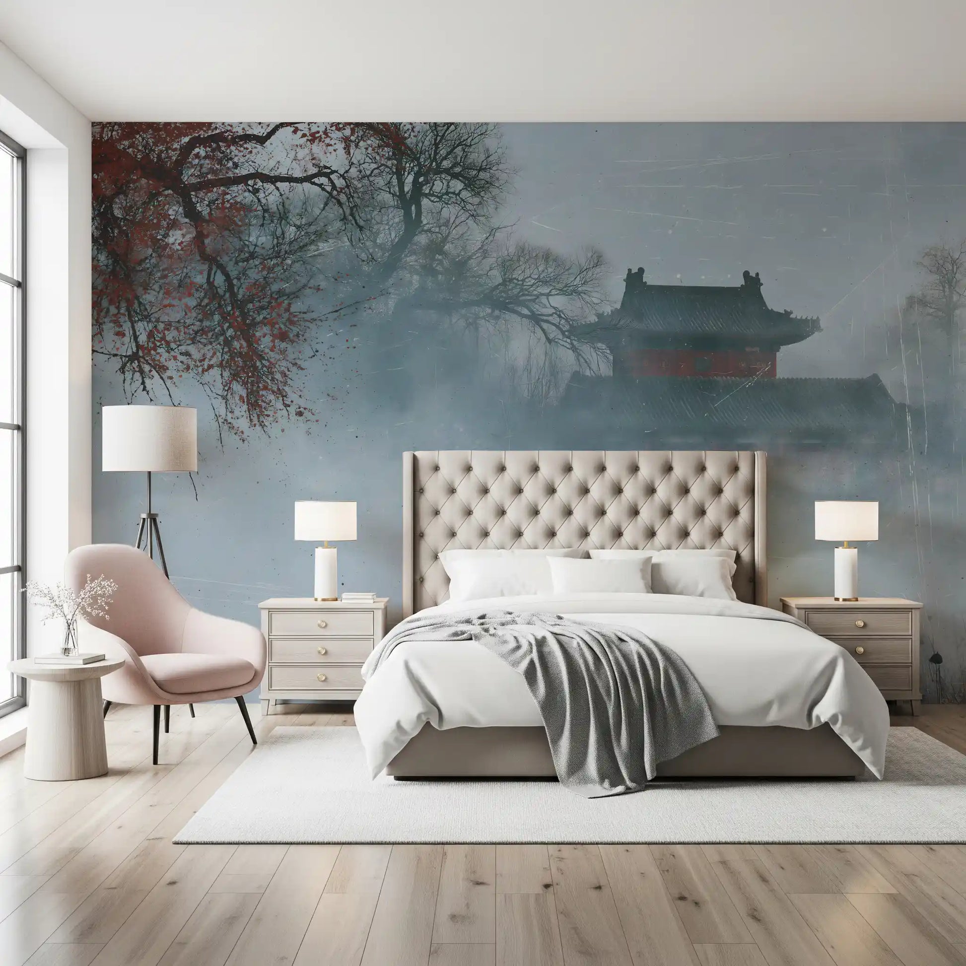 Crimson Pagoda in Winter Fog Wall Mural