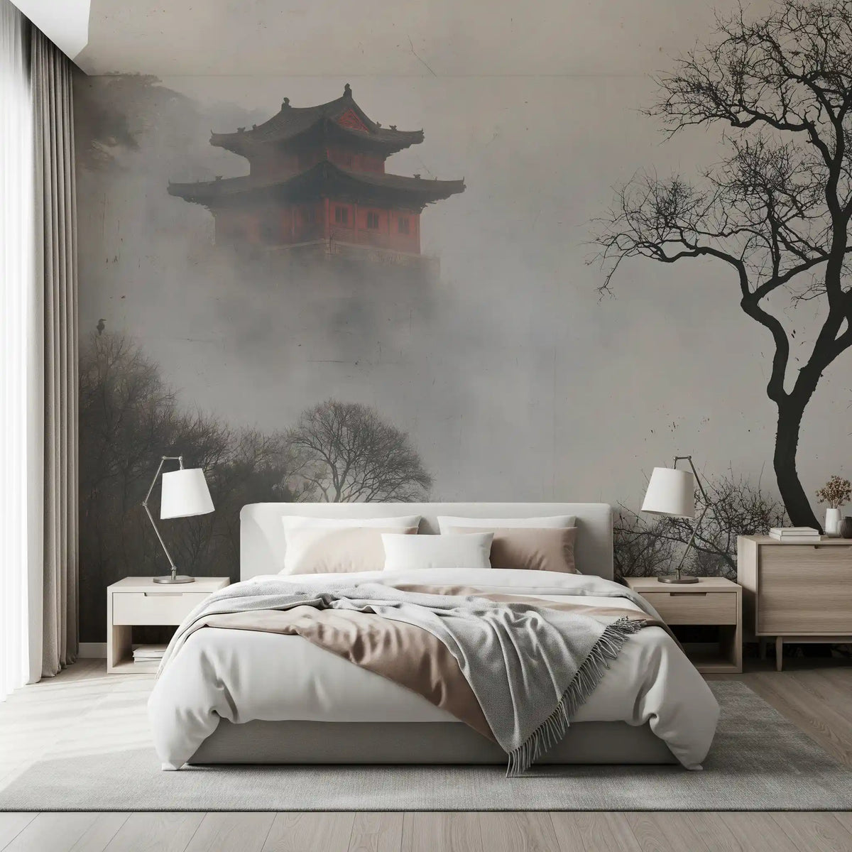 Misty pagoda mountain mural in a bedroom with an upholstered bed and twin table lamps GD12889