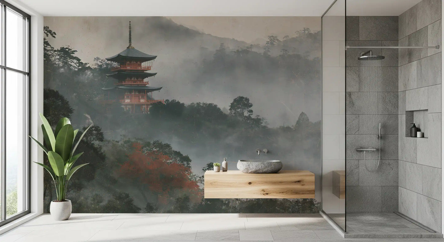 Ancient Temple in Foggy Woods Wall Mural