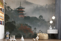 Ancient Temple in Foggy Woods Wall Mural