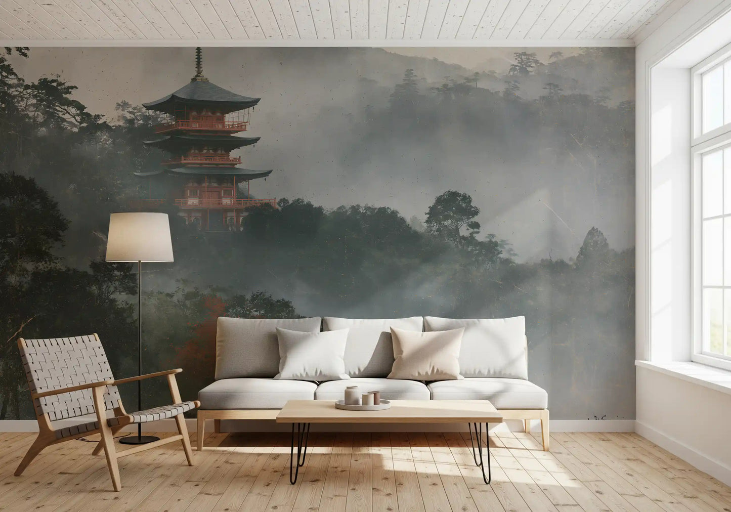 Ancient Temple in Foggy Woods Wall Mural