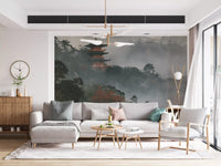Ancient Temple in Foggy Woods Wall Mural
