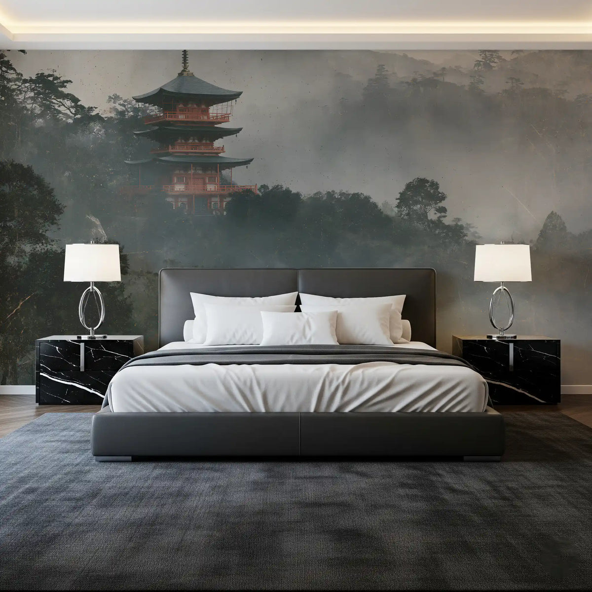 Foggy woods pagoda mural in a bedroom with a dark grey bed and black marble nightstands GD12890