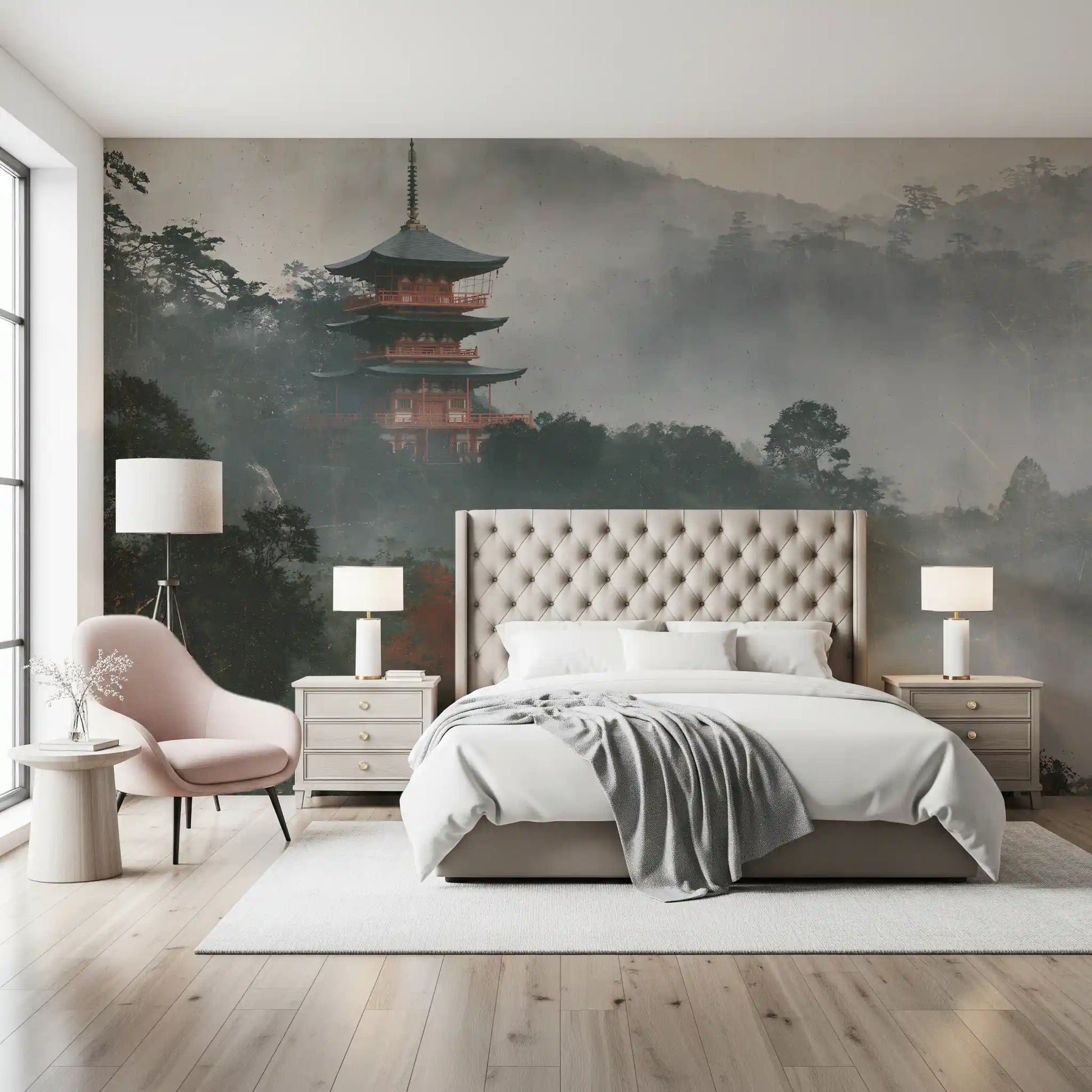 Ancient Temple in Foggy Woods Wall Mural