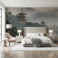 Ancient Temple in Foggy Woods Wall Mural