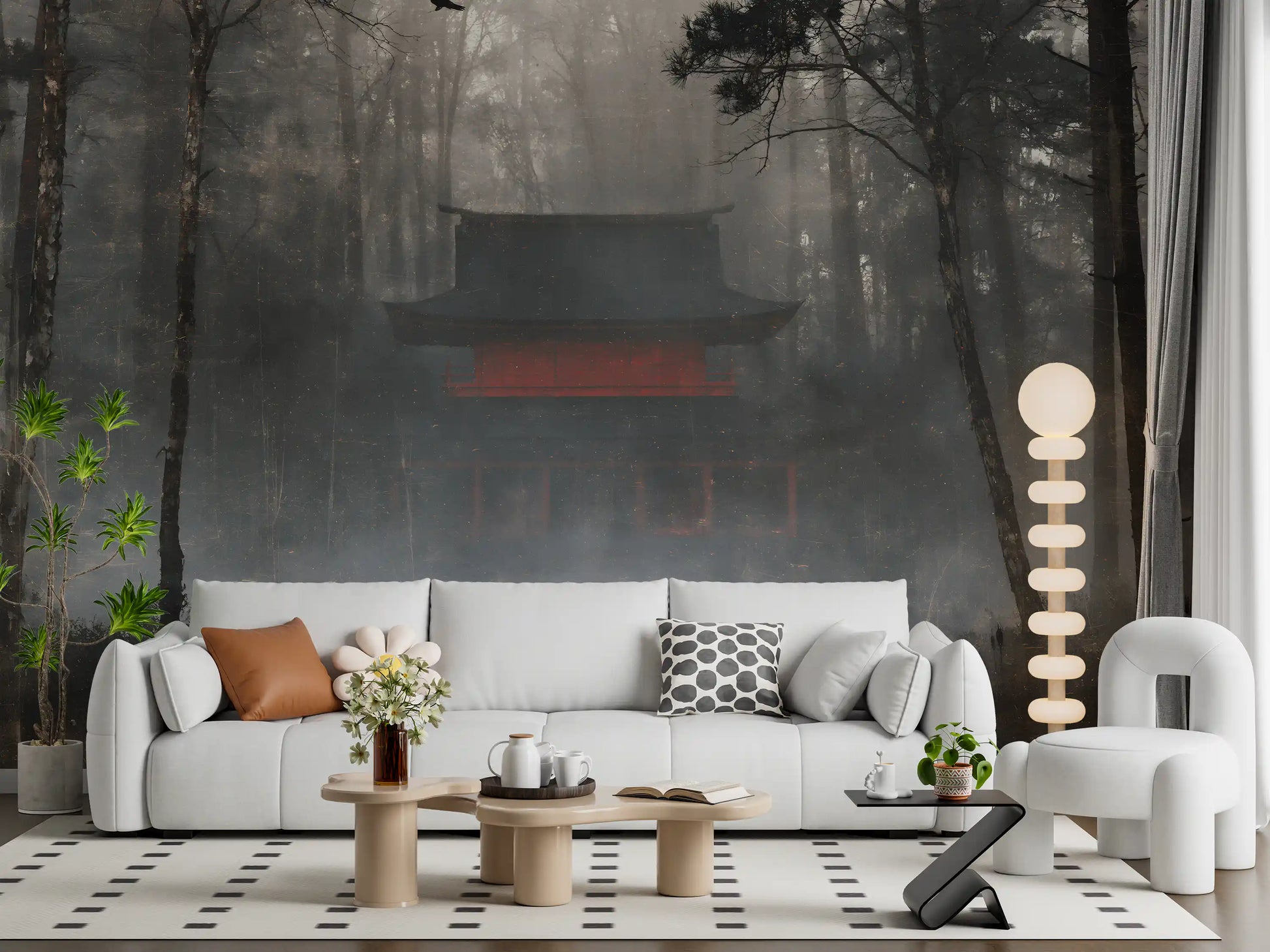 Zen Temple Foggy Woodland Wall Mural