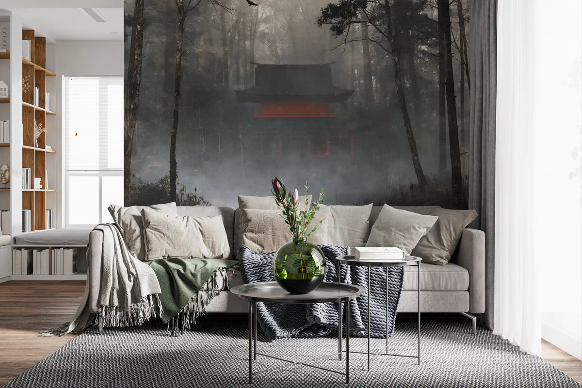 Zen temple woodland mural in a living room with a grey sofa and green vase GD12891