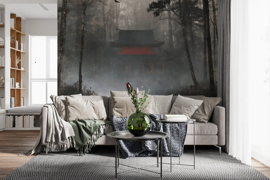 Zen Temple Foggy Woodland Wall Mural