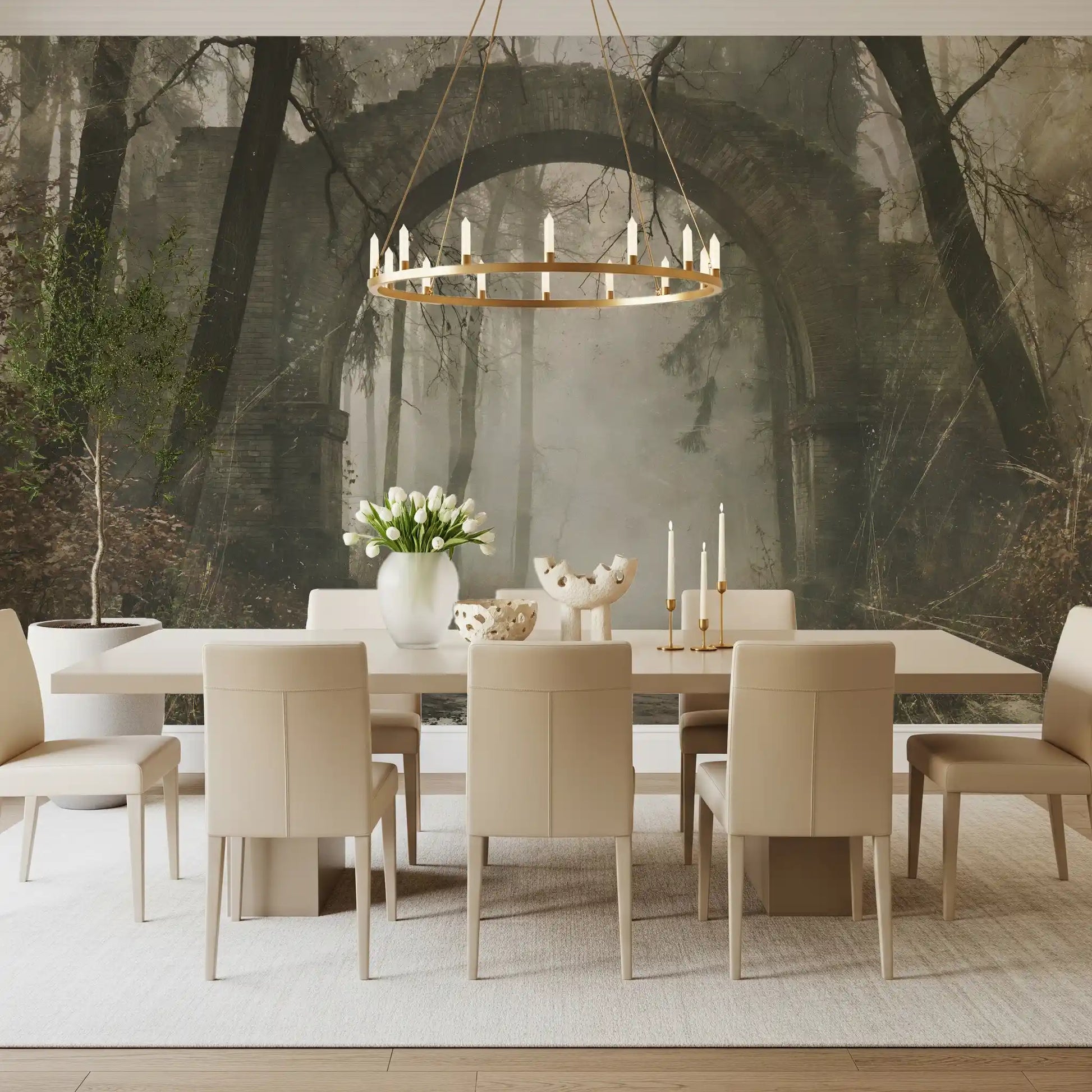 Misty Ancient Forest Stone Archway Wall Mural