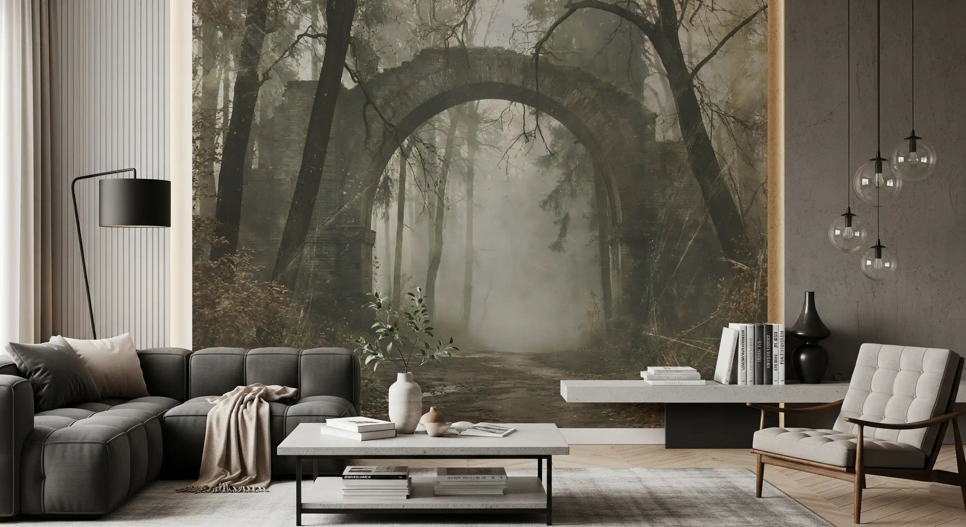 Misty Ancient Forest Stone Archway Wall Mural