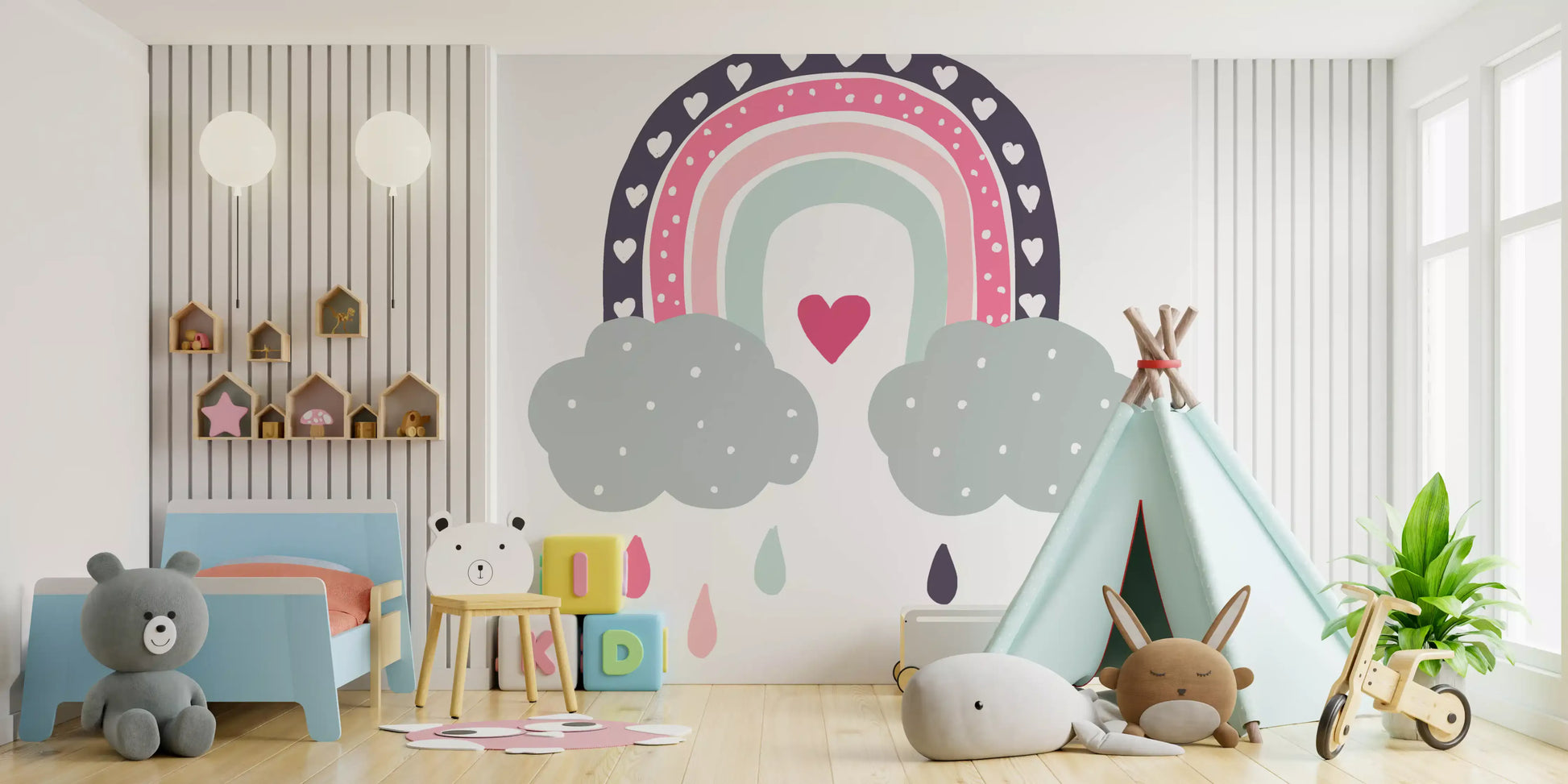 Heart-Filled Rainbow Nursery Whimsy Wall Mural