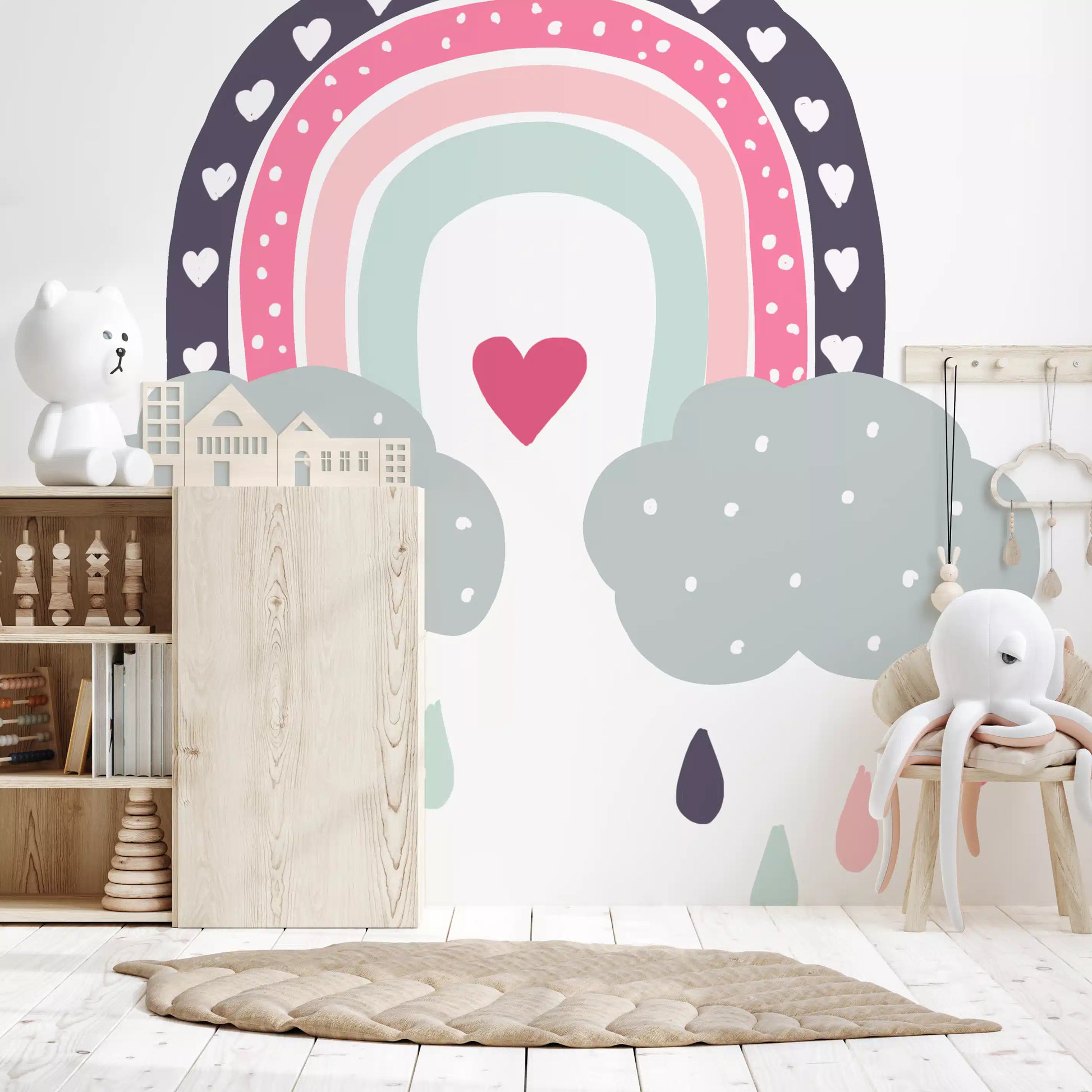 Heart-Filled Rainbow Nursery Whimsy Wall Mural