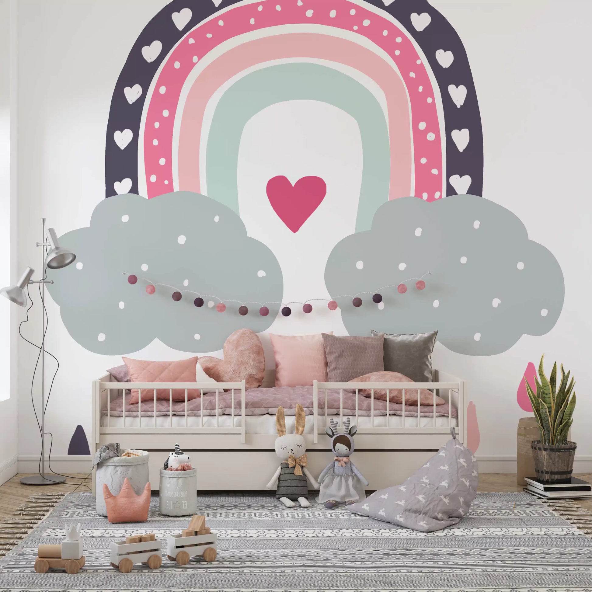 Heart-Filled Rainbow Nursery Whimsy Wall Mural