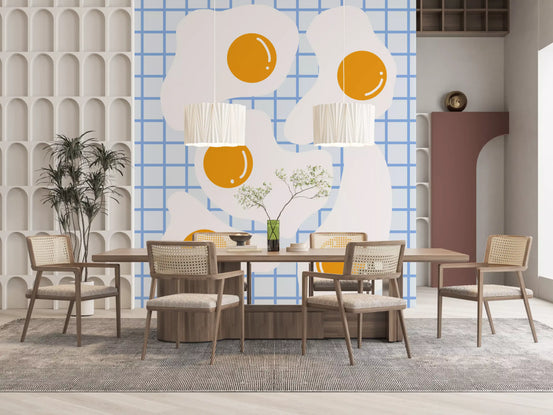 Fried egg grid mural in a dining room with cane chairs GD12899
