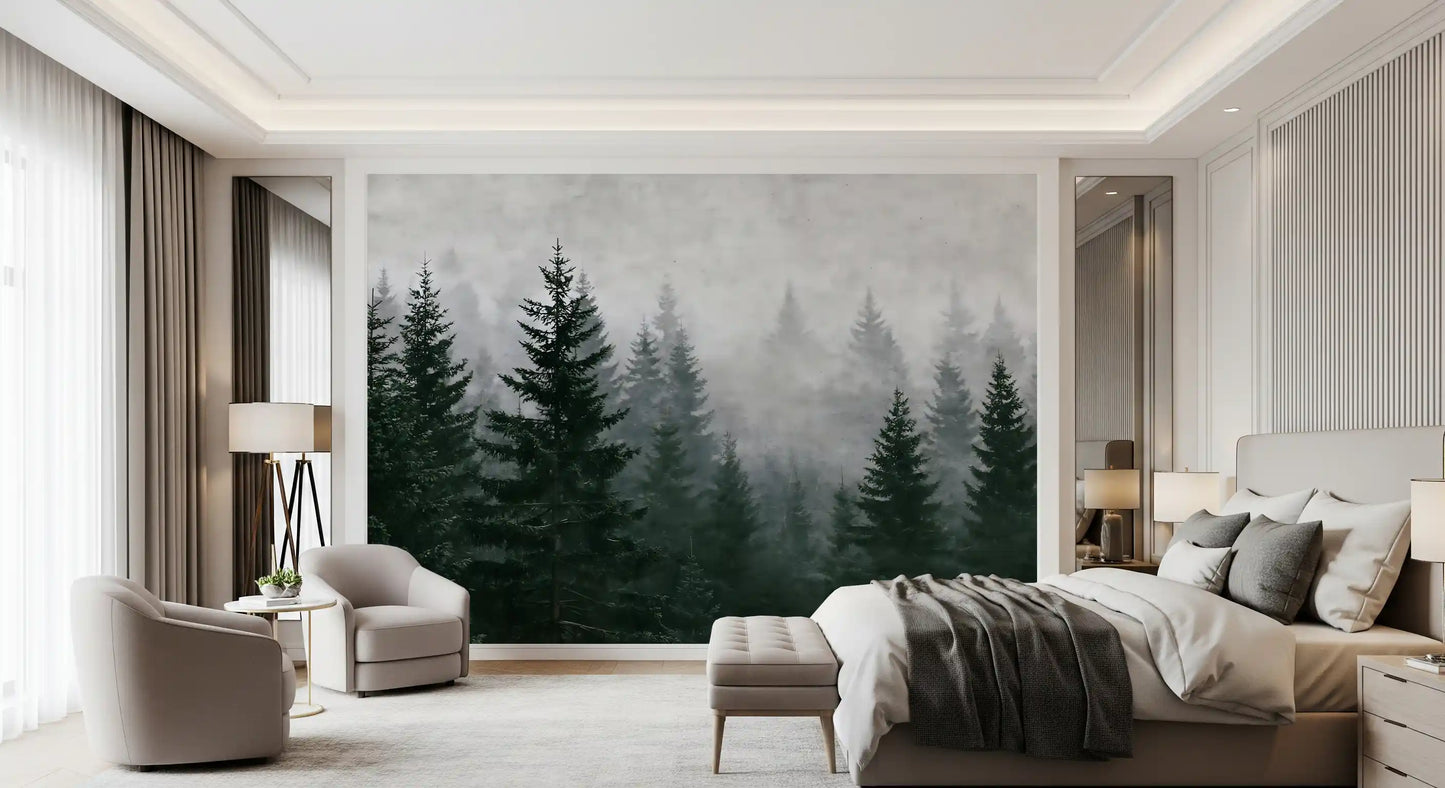 Evergreen Wilderness in Fog Wall Mural
