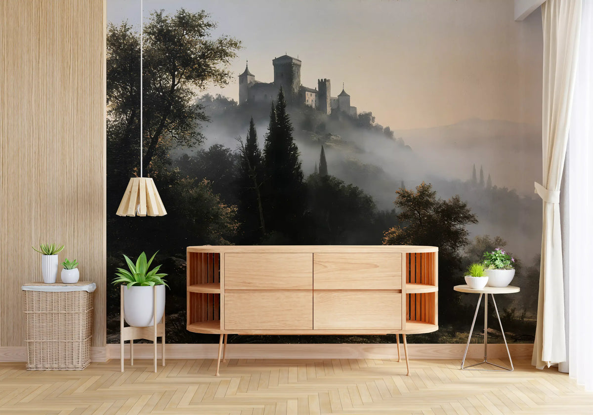 Close view of the misty fortress and pine forest landscape mural GD12902
