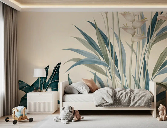 Teal leaf botanical mural in a child bedroom with a white bed GD12906