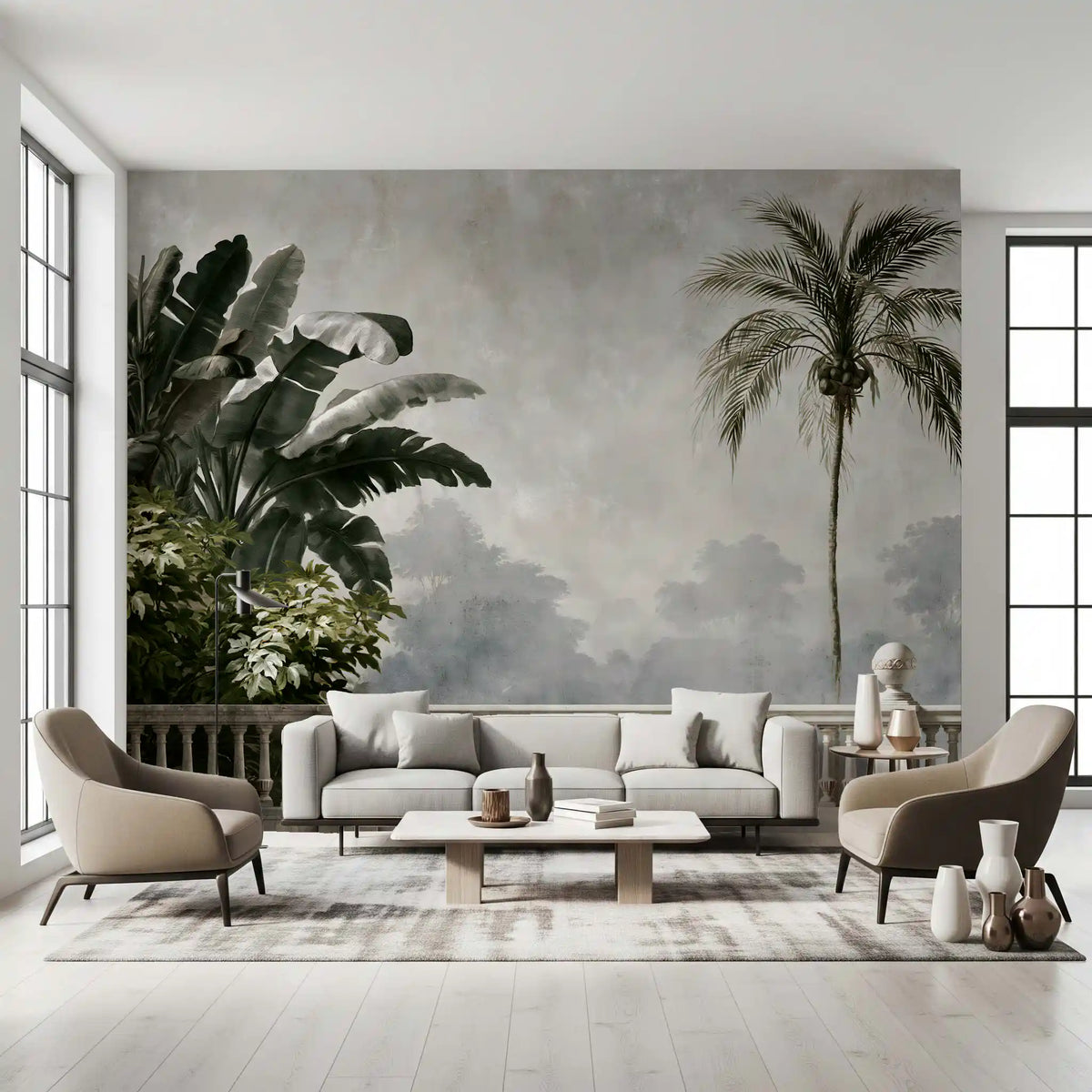 Classical garden palm mural on a living room feature wall behind a cream sofa GD12907