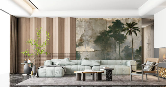 Misty palm forest mural in a living room with a soft green sofa GD12908