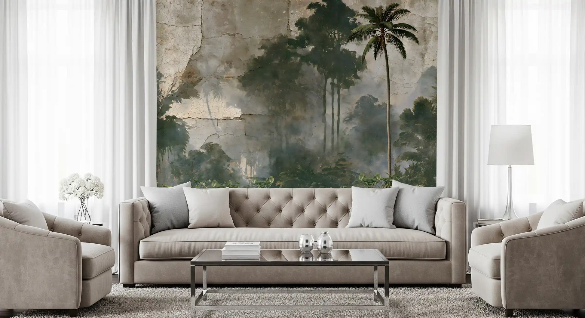 Misty Palm Forest Plaster Effect Wall Mural