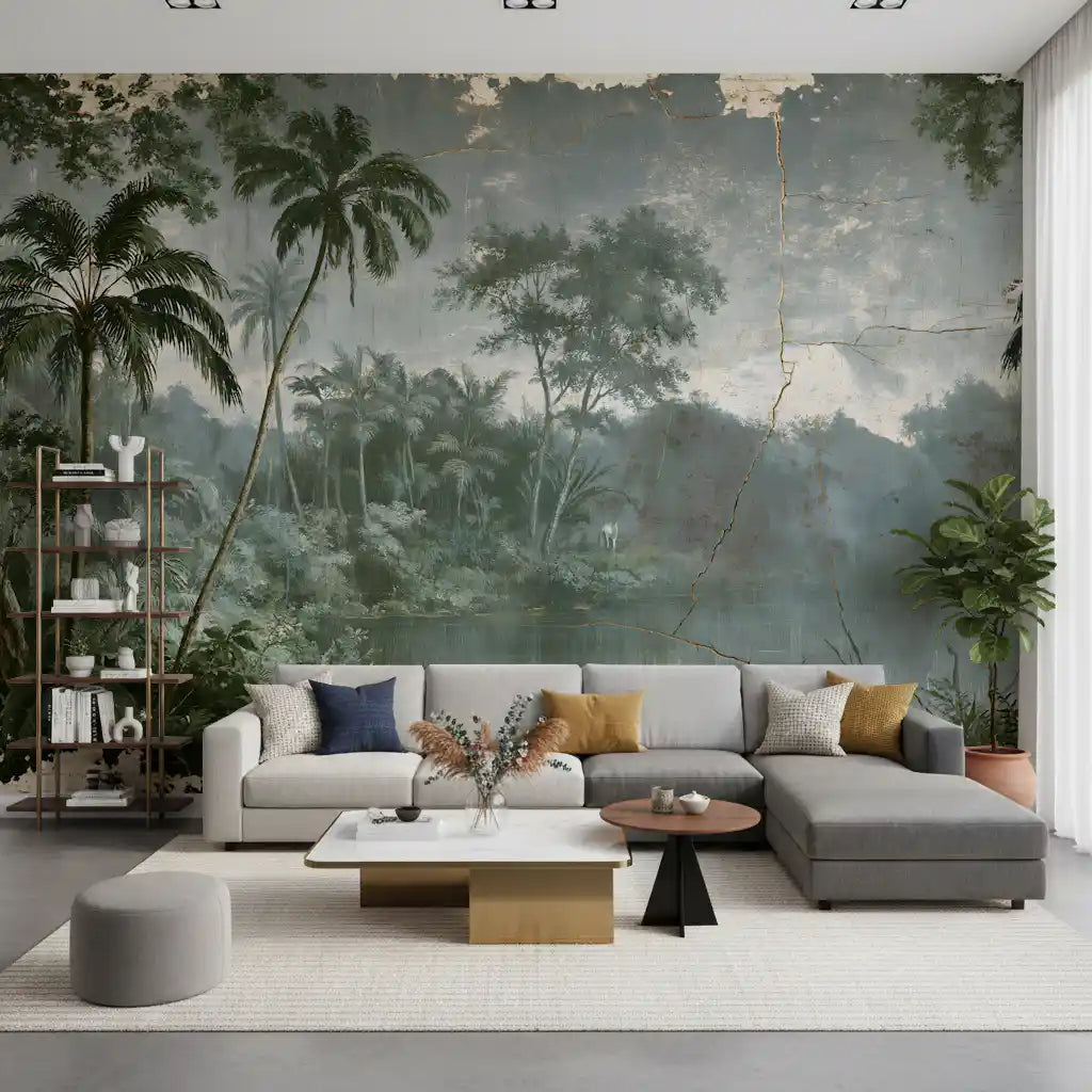Aged Botanical Riverside Scene Wall Mural