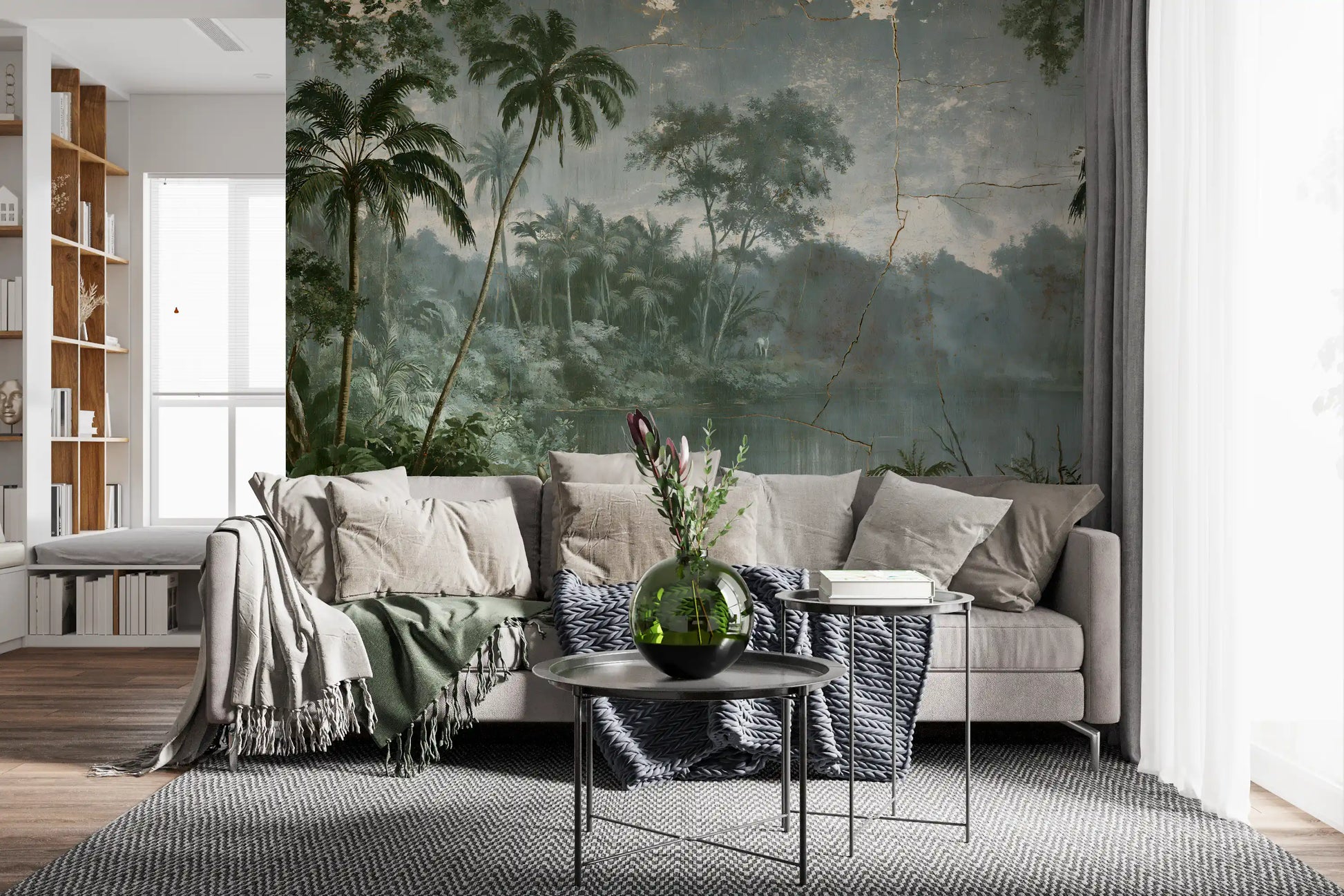 Aged Botanical Riverside Scene Wall Mural