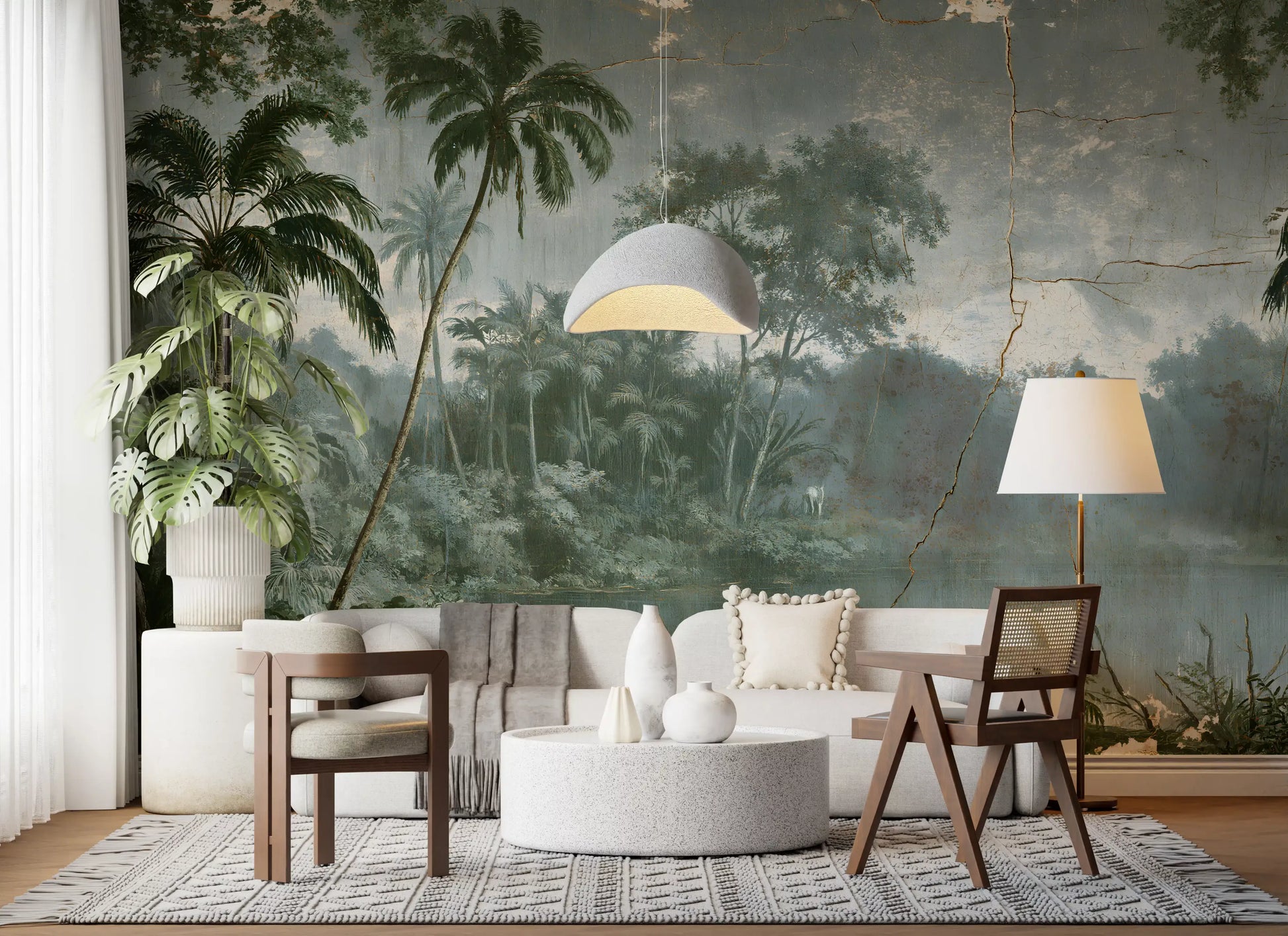 Aged Botanical Riverside Scene Wall Mural