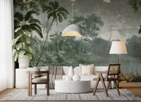 Aged Botanical Riverside Scene Wall Mural