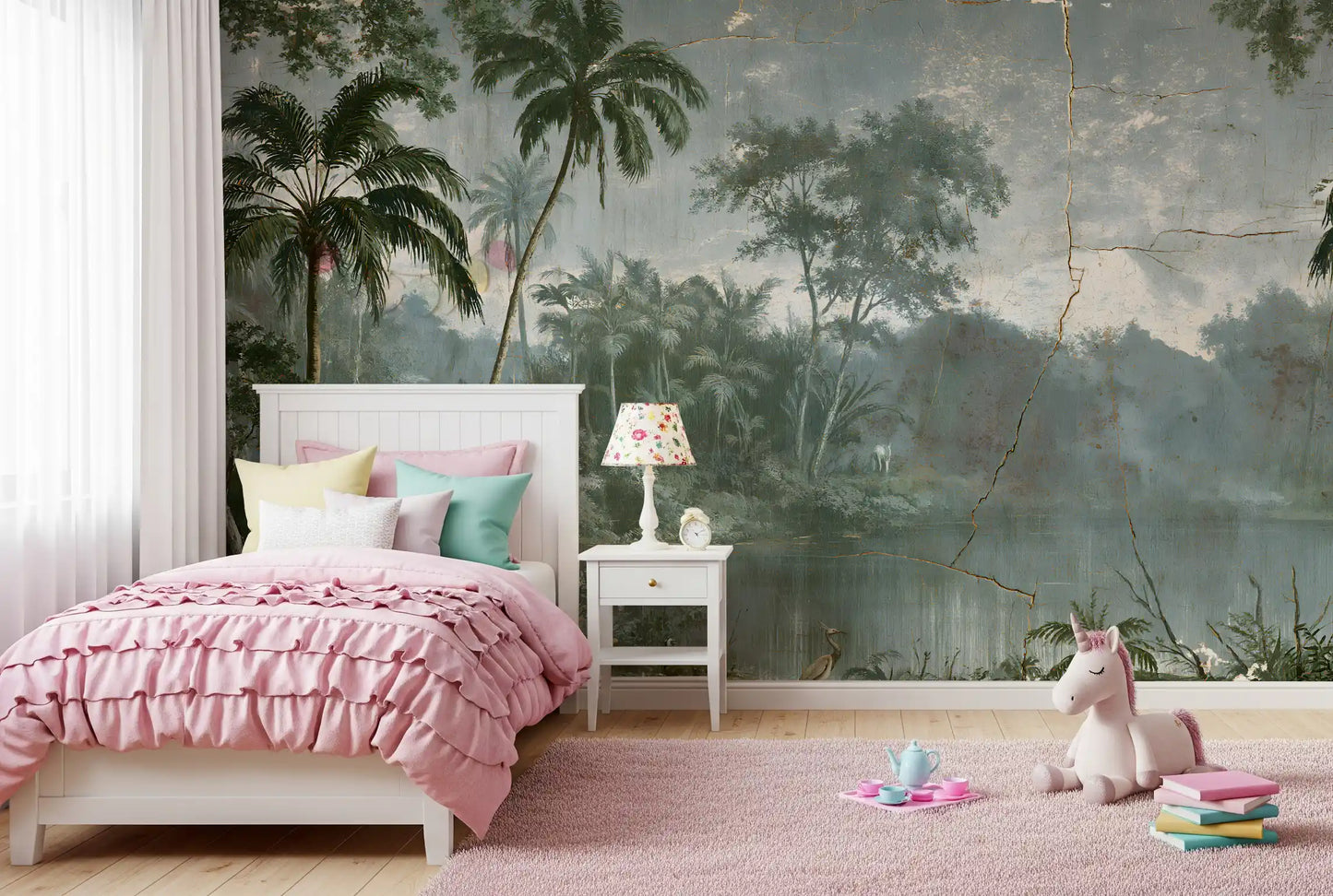 Aged Botanical Riverside Scene Wall Mural