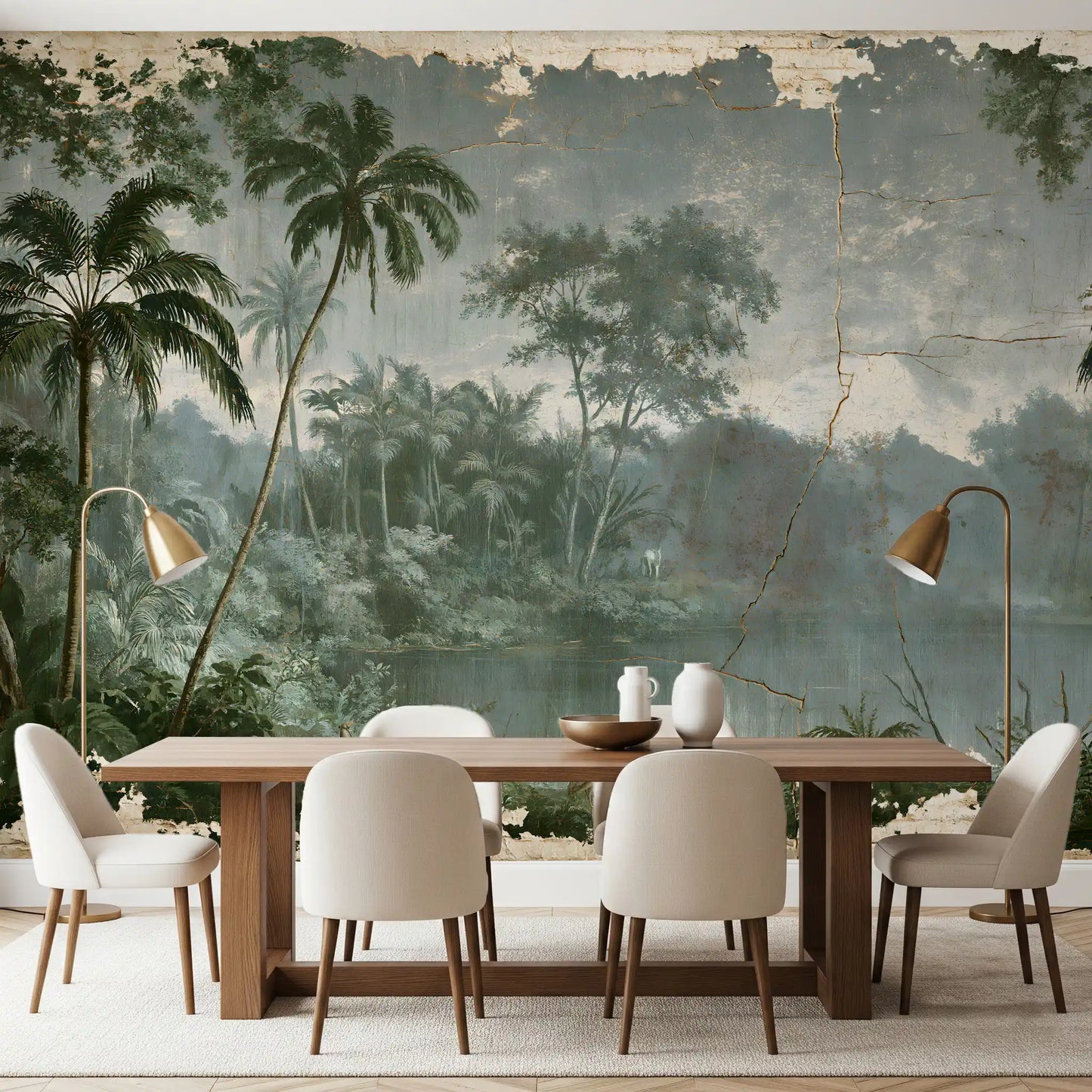 Aged Botanical Riverside Scene Wall Mural