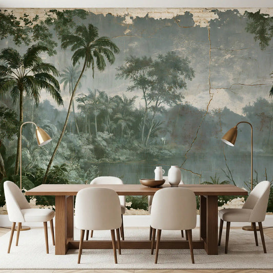 Aged Botanical Riverside Scene Wall Mural