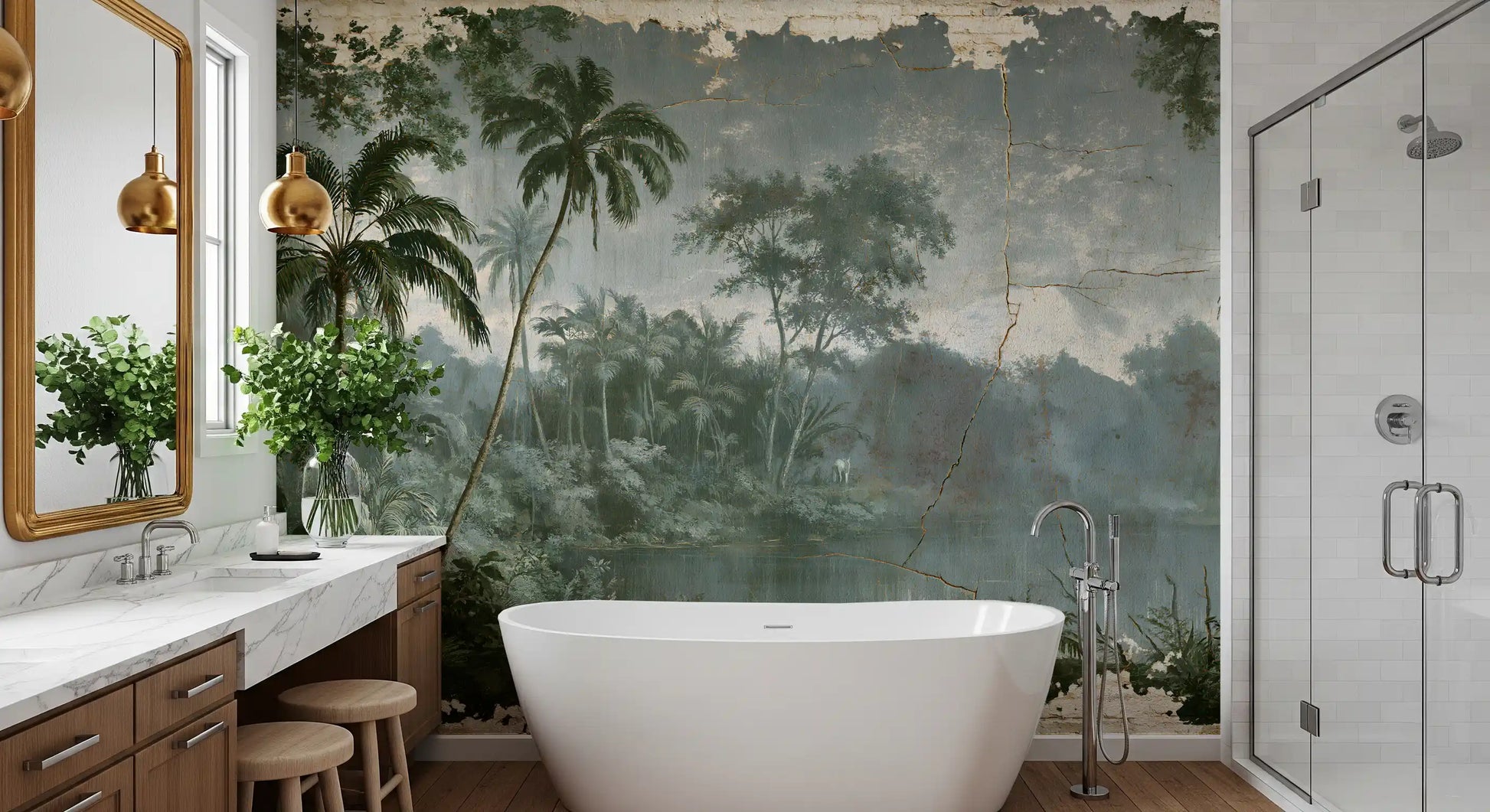 Aged Botanical Riverside Scene Wall Mural