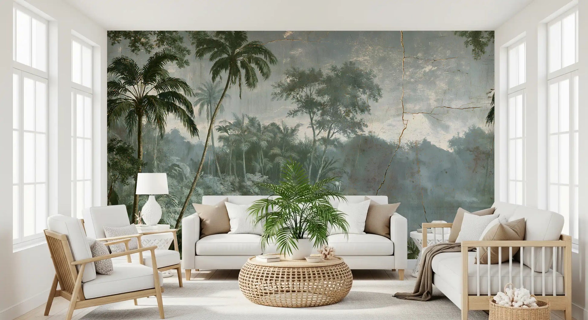Aged Botanical Riverside Scene Wall Mural