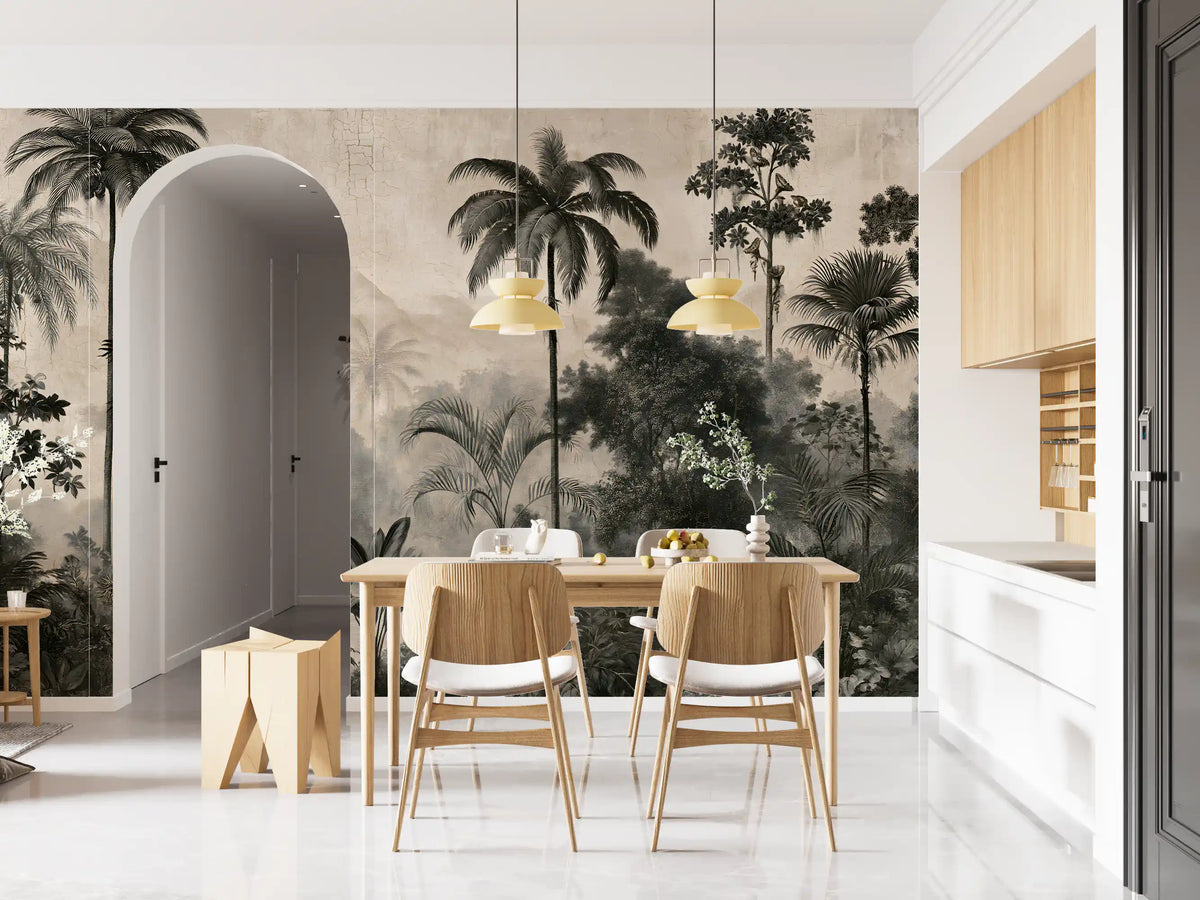 Monochrome jungle palm mural close view on aged beige GD12914