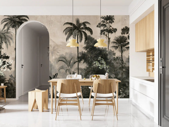 Monochrome jungle palm mural close view on aged beige GD12914