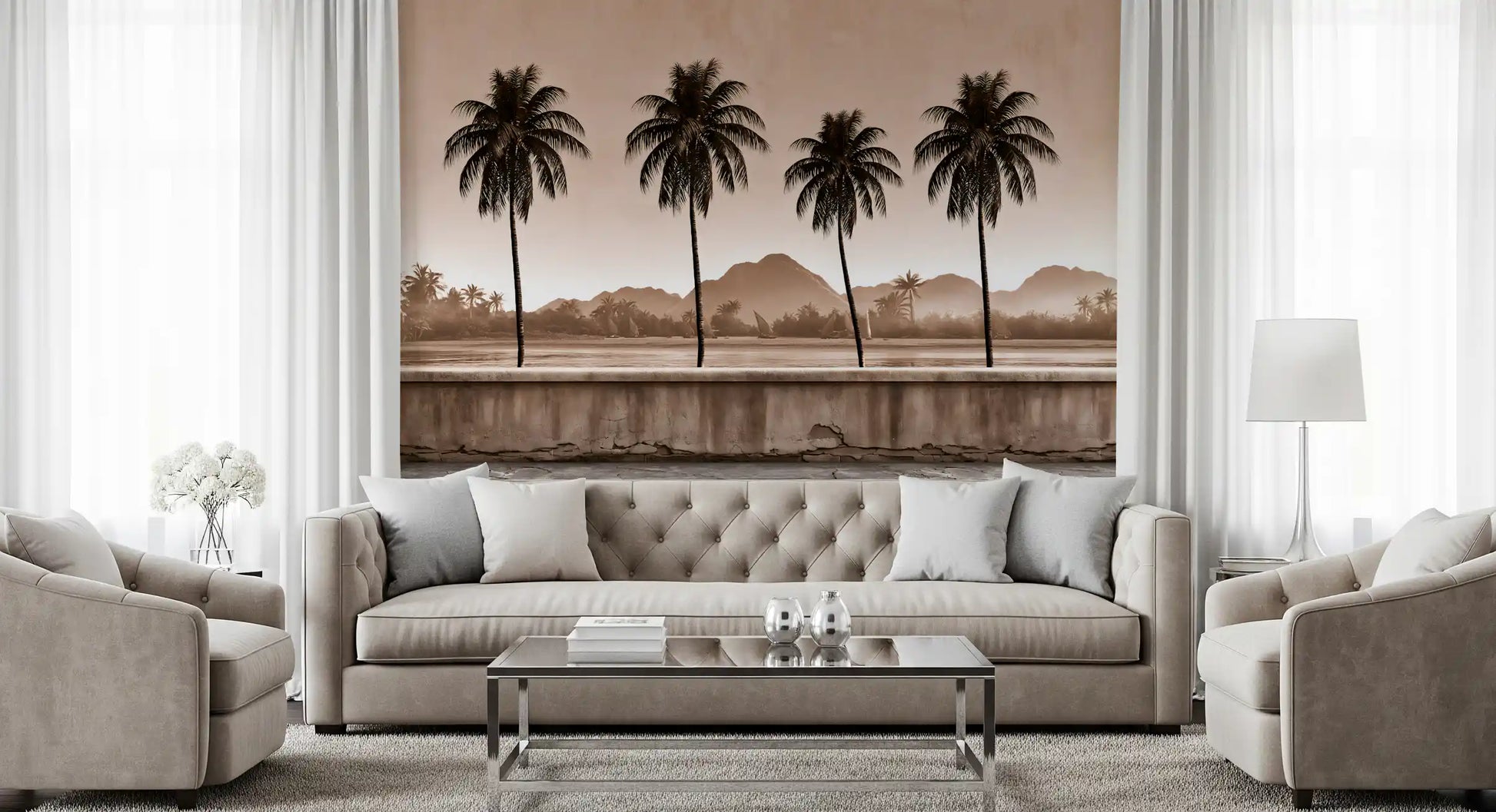 Sepia Palm Shoreline Landscape Wall Mural