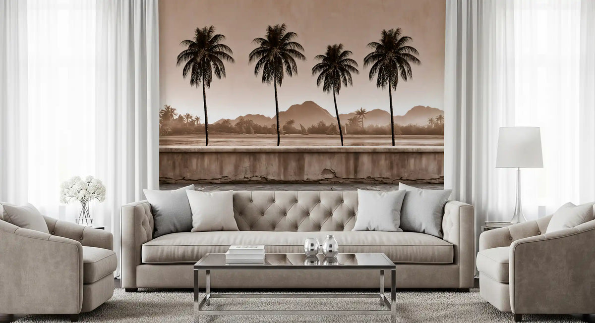 Sepia palm shoreline mural close view over mountains GD12915