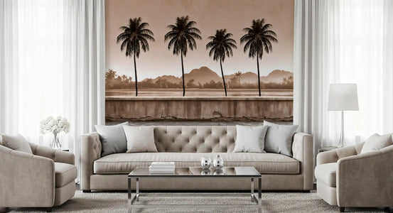 Sepia palm shoreline mural close view over mountains GD12915