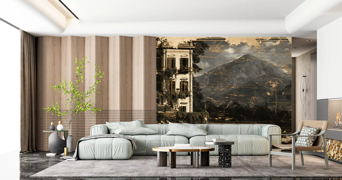 Sepia lakeside villa heritage mural close view GD12918