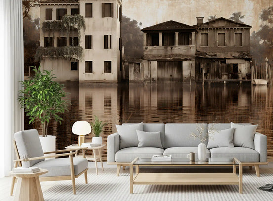 Riverside villa reflection mural behind a beige sofa in a living room GD12919