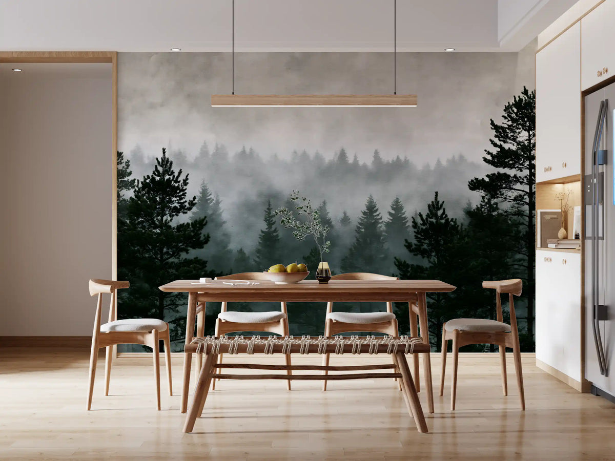 Shadowed evergreen woodland mural close view GD12920
