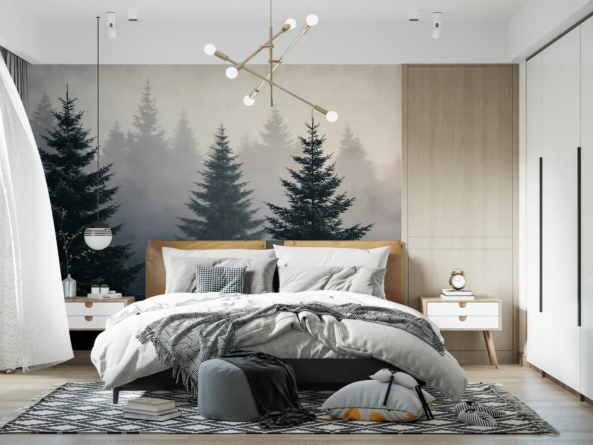 Misty fir forest mural above the bed in a bedroom GD12921