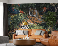 Midnight Jungle Tiger and Toucans Wall Mural