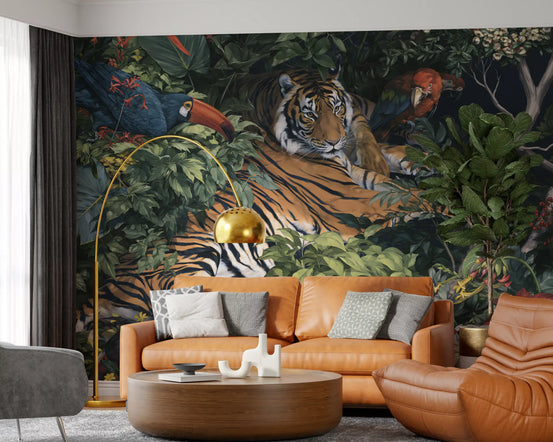 Tiger and toucan jungle mural in a living room with a tan leather sofa GD12923