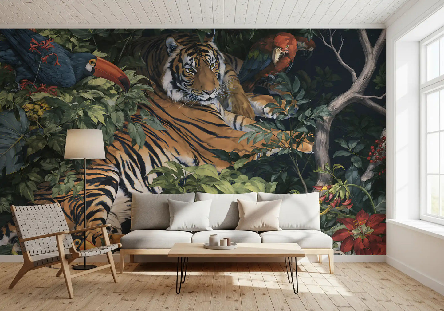 Midnight Jungle Tiger and Toucans Wall Mural