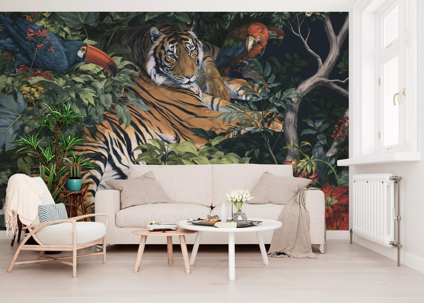 Midnight Jungle Tiger and Toucans Wall Mural