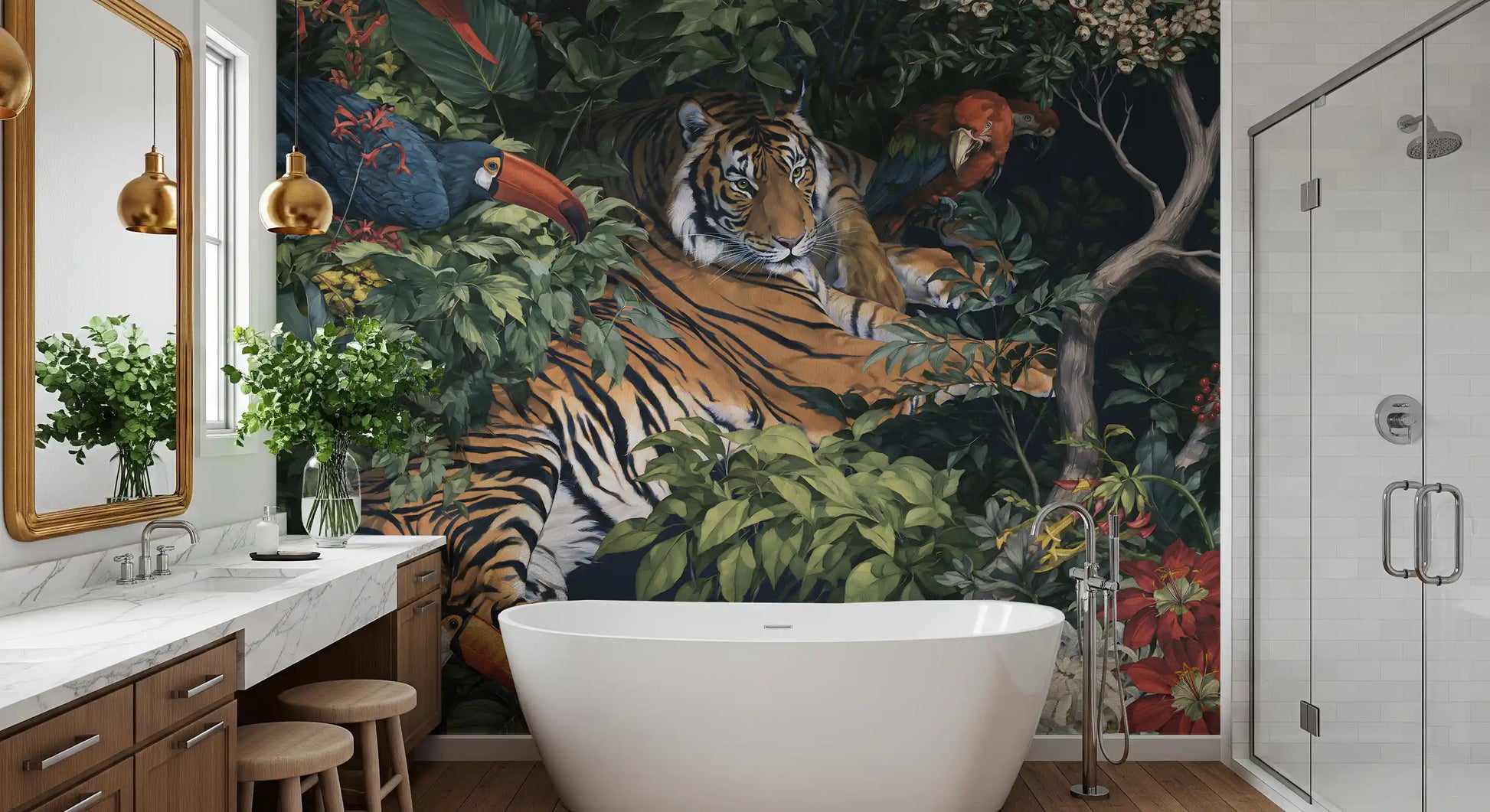 Midnight Jungle Tiger and Toucans Wall Mural