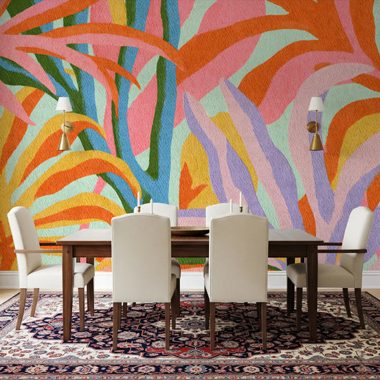 Colourful abstract leaf mural filling a bright feature wall GD12925