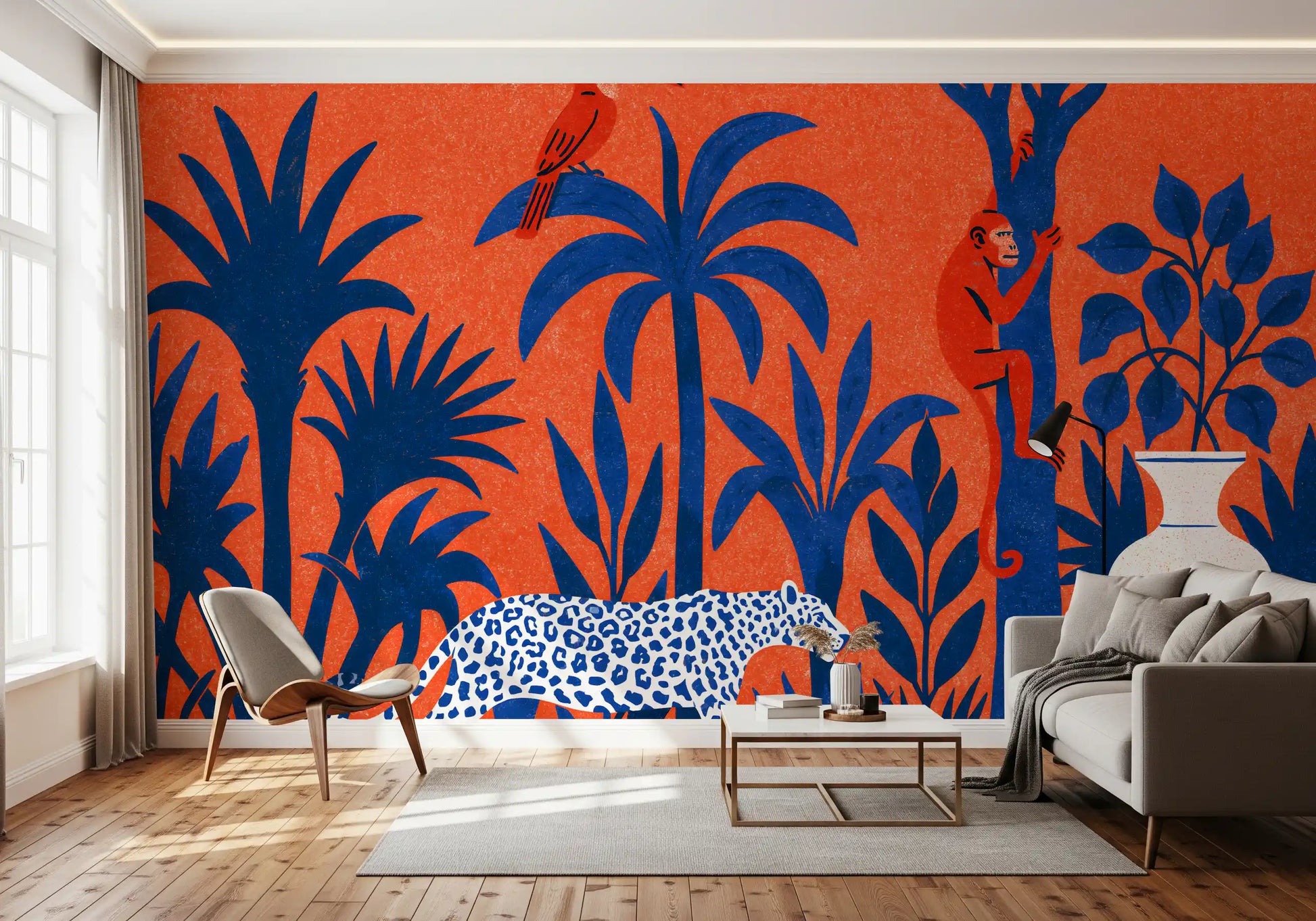 Vibrant Jungle Leopard and Tropical Wildlife Scene Wall Mural